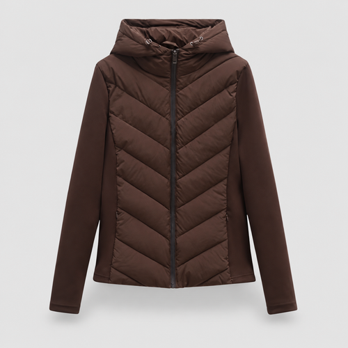 Women's Chevron Quilted Jacket with Hood in Brown — view 1