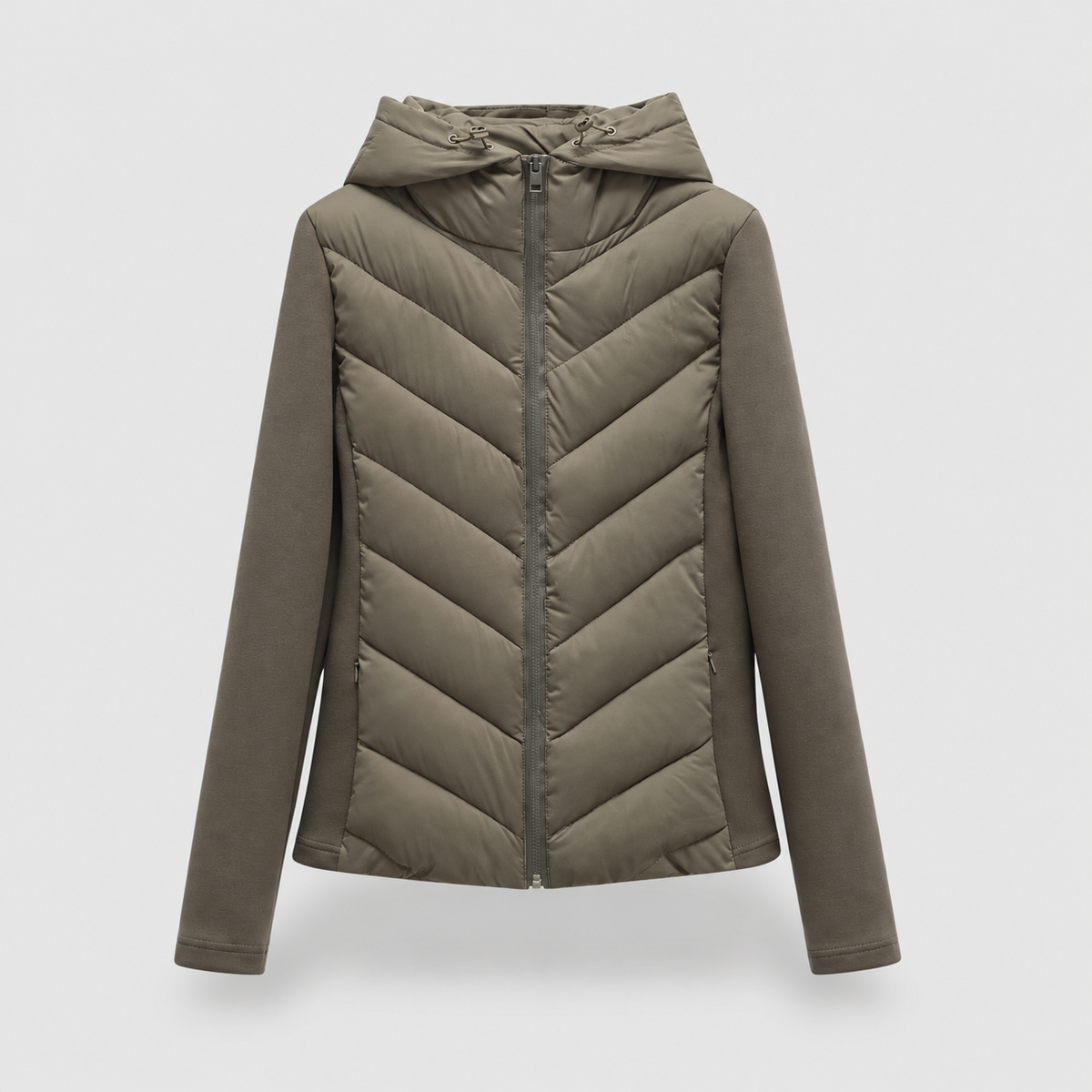 Women's Chevron Quilted Jacket with Hood in Green — view 2