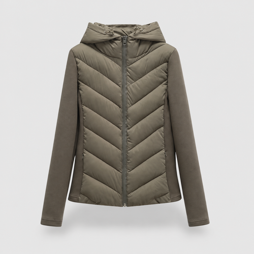 Women's Chevron Quilted Jacket with Hood in Green — view 2