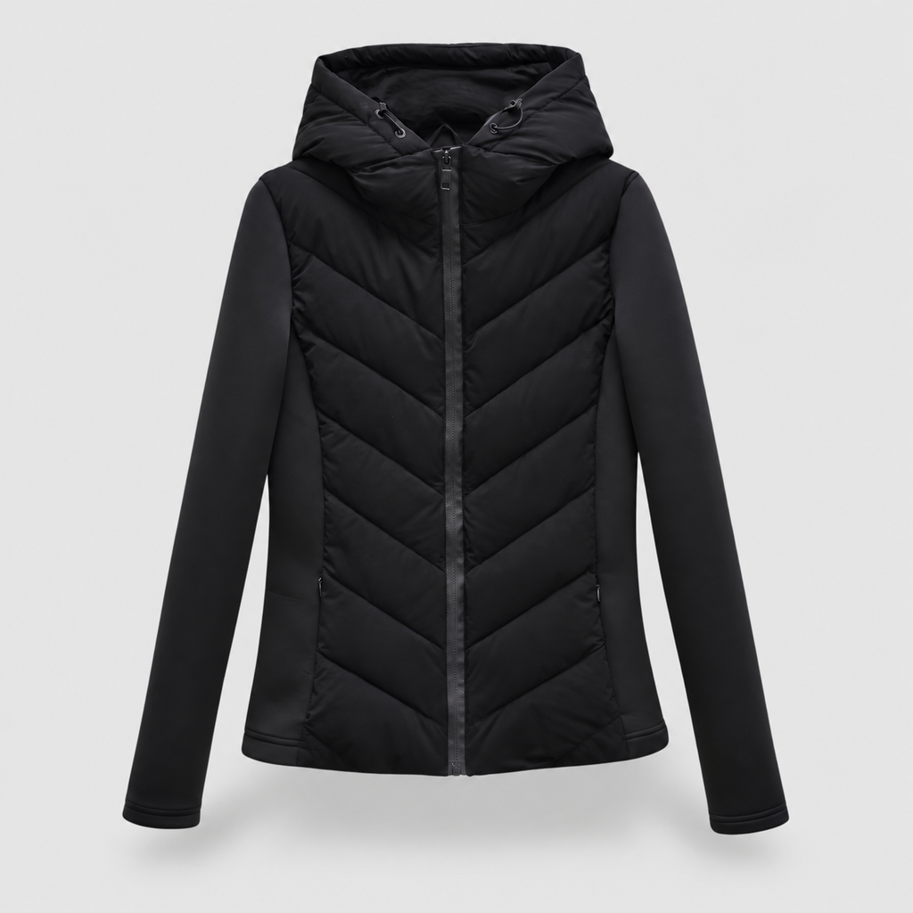 Women's Chevron Quilted Jacket with Hood in Black — view 3