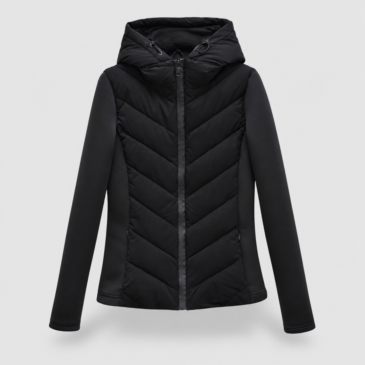 Women's Chevron Quilted Jacket with Hood in Black — view 3