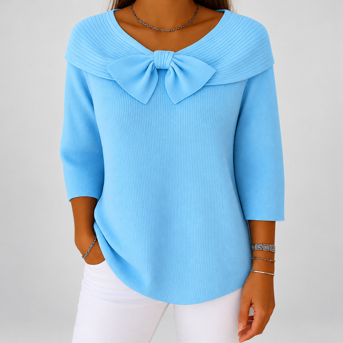 Women's Ribbed Jumper with Bow Neckline and Three-Quarter Sleeves in Blue — view 1