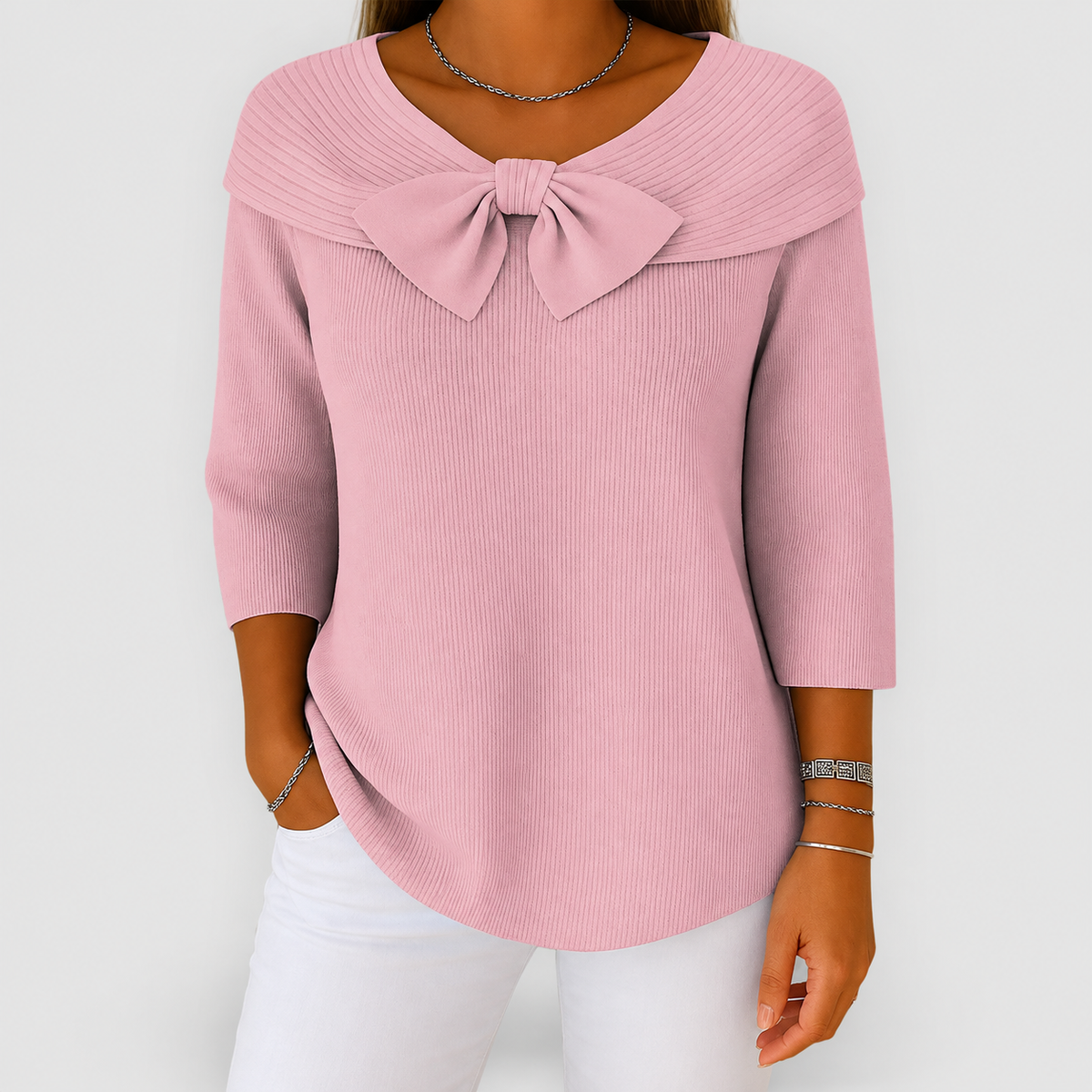 Women's Ribbed Jumper with Bow Neckline and Three-Quarter Sleeves in Pink — view 2