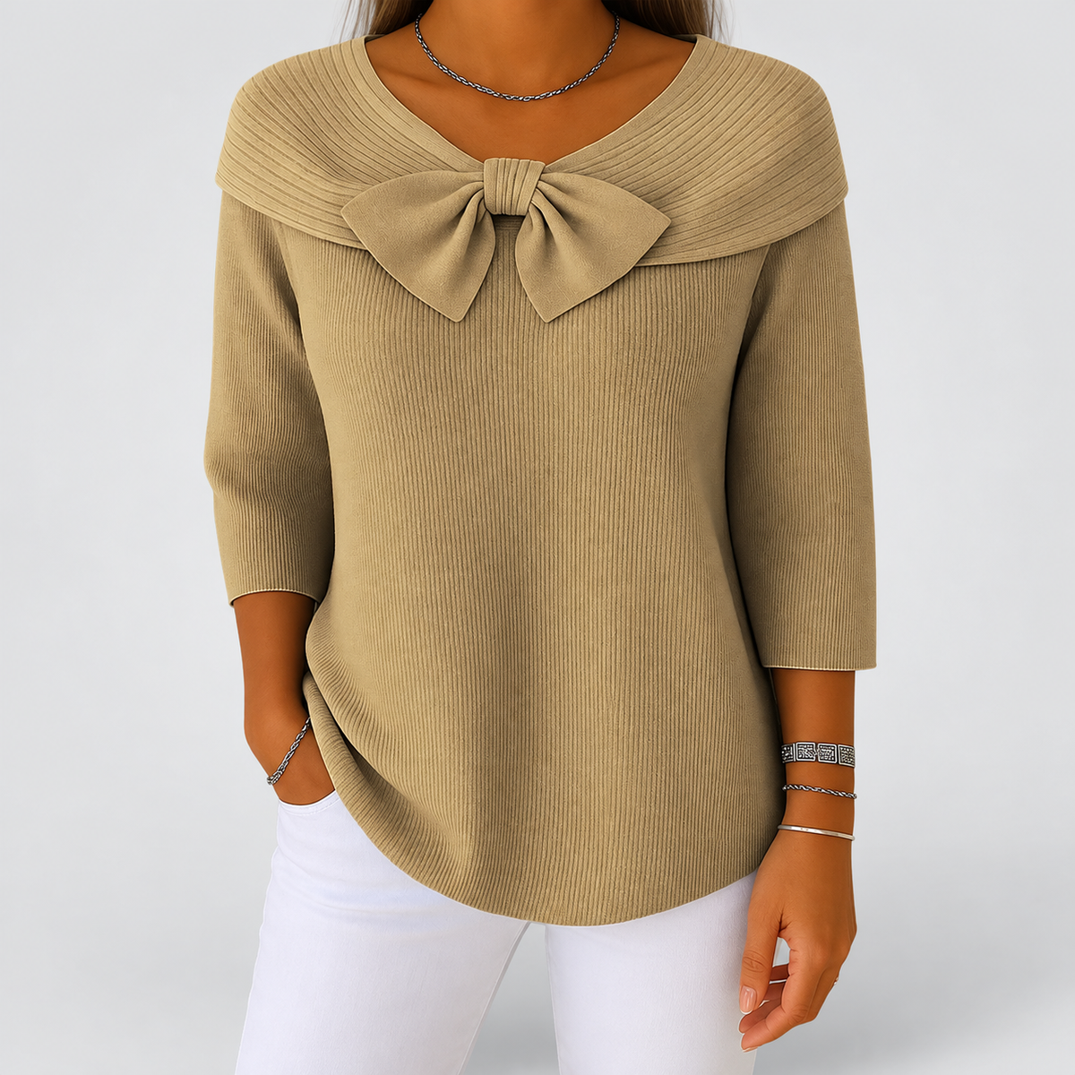 Women's Ribbed Jumper with Bow Neckline and Three-Quarter Sleeves in Khaki — view 3
