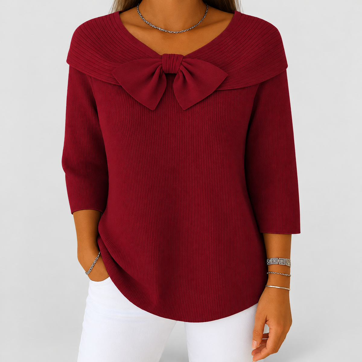 Women's Ribbed Jumper with Bow Neckline and Three-Quarter Sleeves in Red — view 4