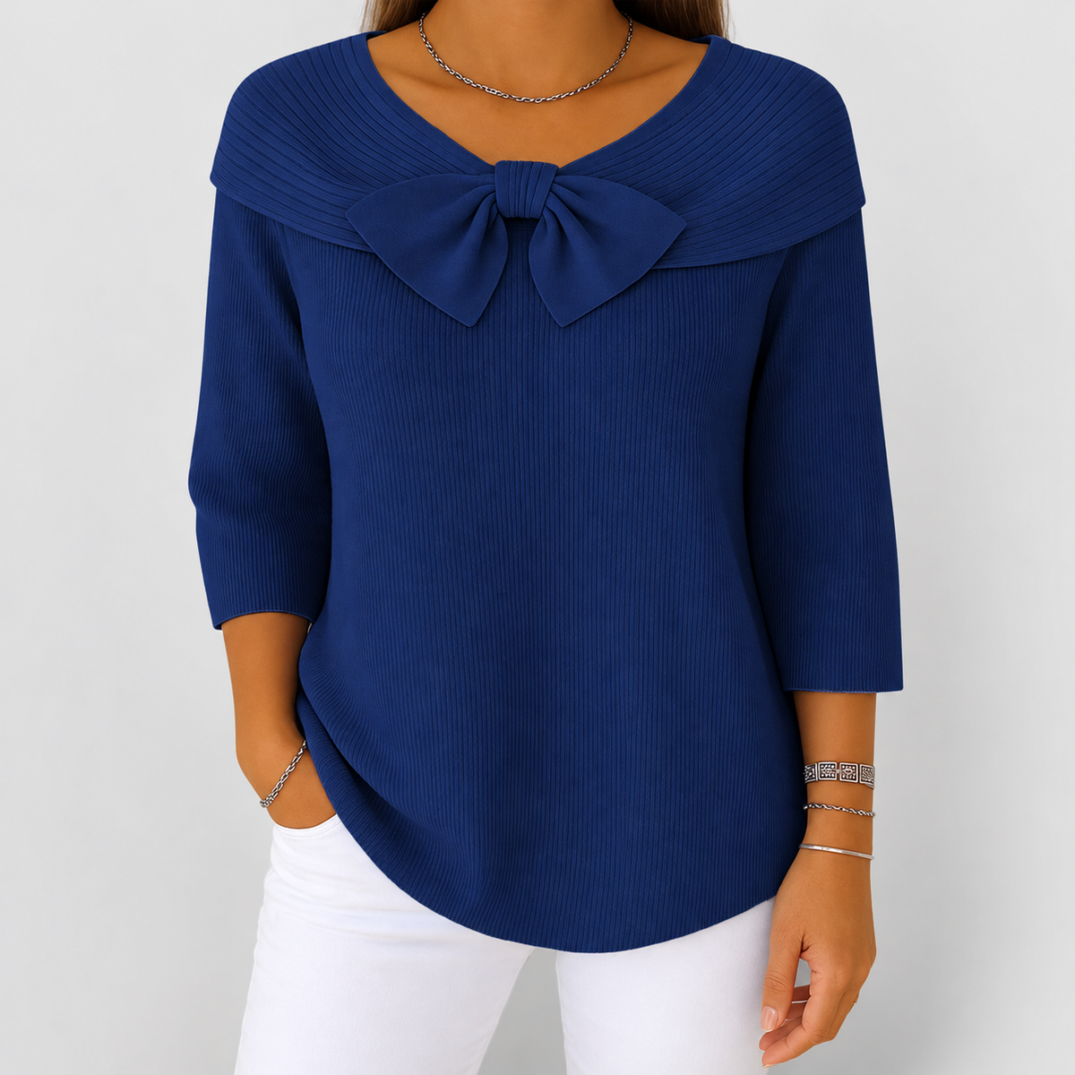 Women's Ribbed Jumper with Bow Neckline and Three-Quarter Sleeves in Dark Blue — view 5