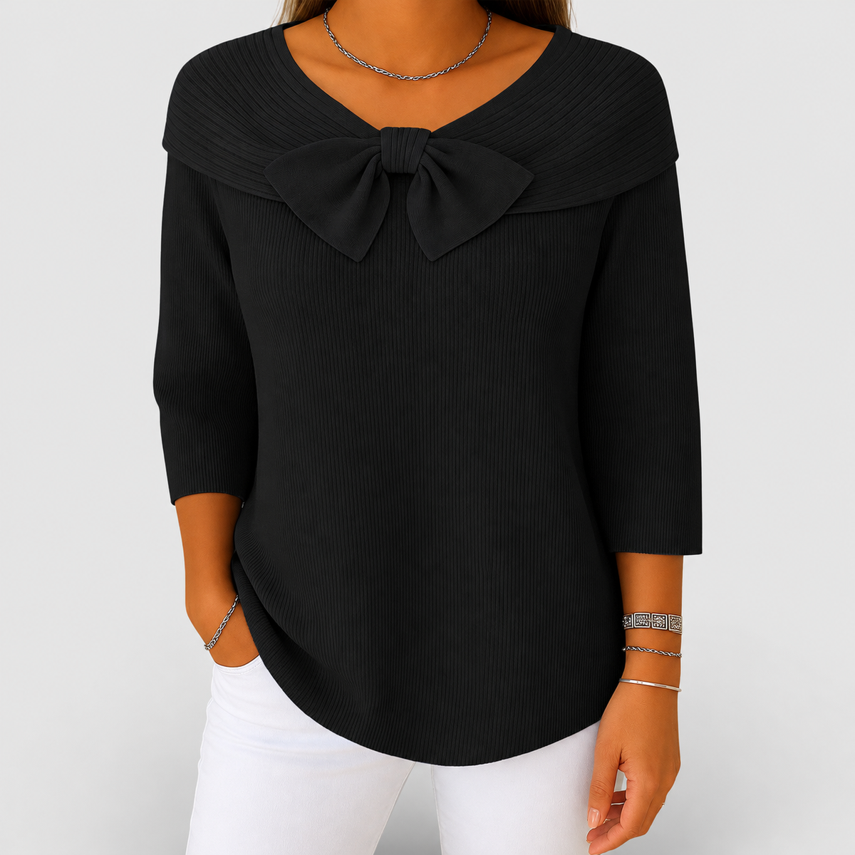 Women's Ribbed Jumper with Bow Neckline and Three-Quarter Sleeves in Black — view 6