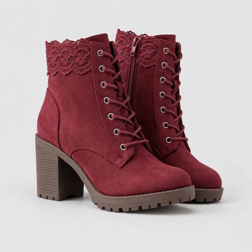 Women's Suede-Look Lace-Trim Ankle Boots with Block Heel — view 1