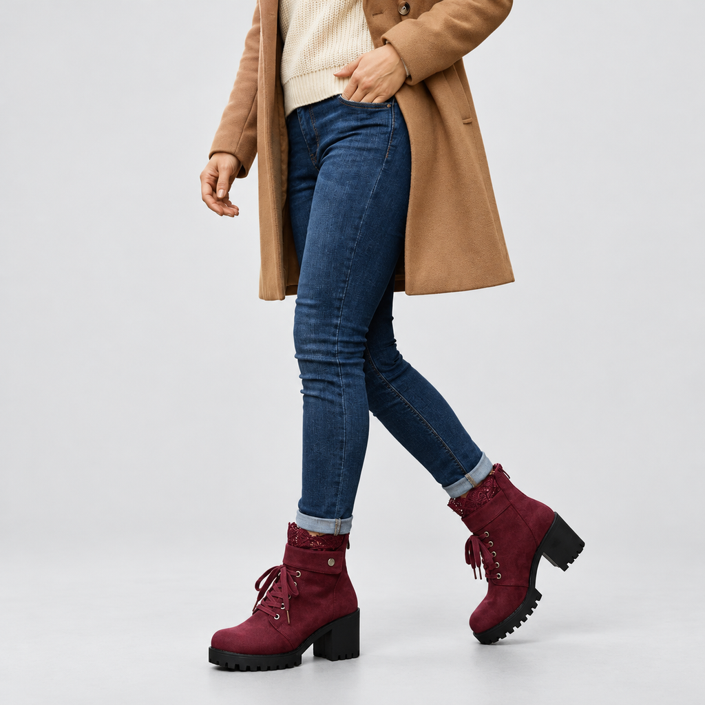 Women's Suede-Look Lace-Trim Ankle Boots with Block Heel — view 2