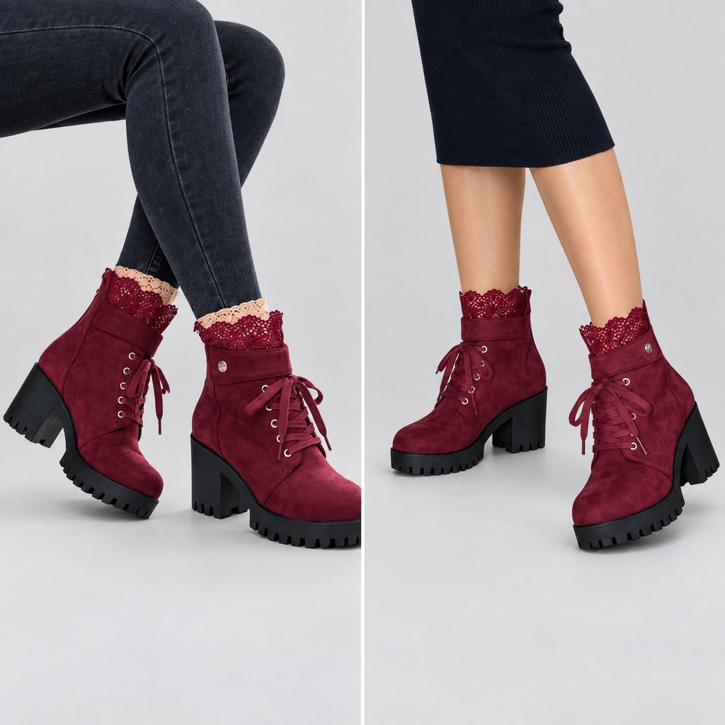 Women's Suede-Look Lace-Trim Ankle Boots with Block Heel — view 3