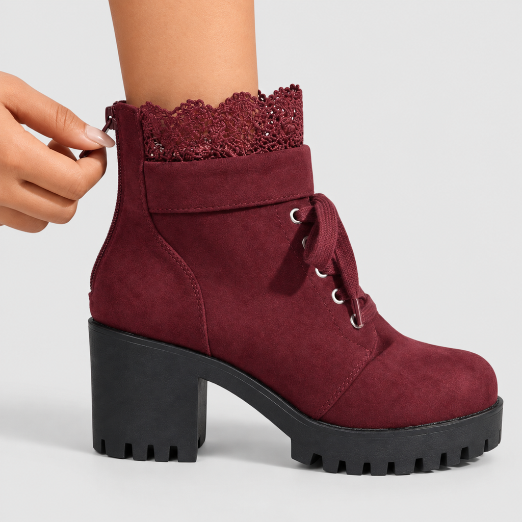 Women's Suede-Look Lace-Trim Ankle Boots with Block Heel — view 4