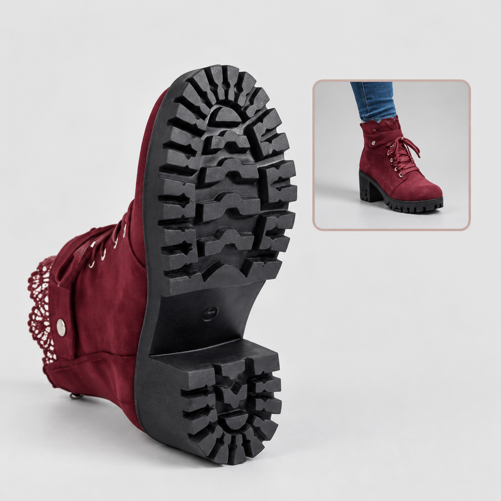 Women's Suede-Look Lace-Trim Ankle Boots with Block Heel — view 5