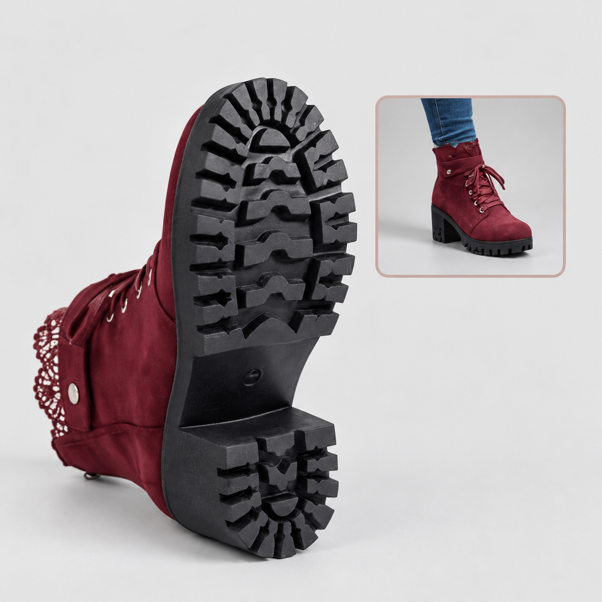 Women's Suede-Look Lace-Trim Ankle Boots with Block Heel — view 5