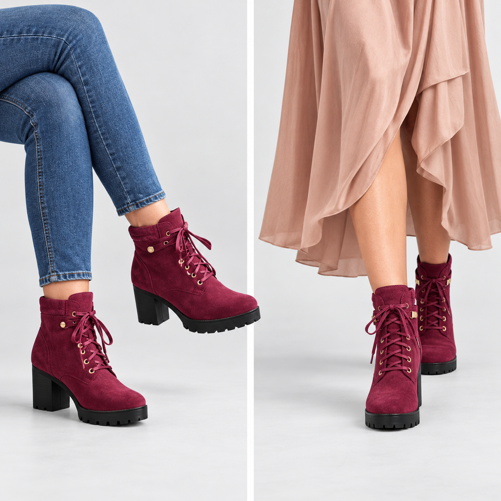 Women's Suede-Look Lace-Trim Ankle Boots with Block Heel — view 8