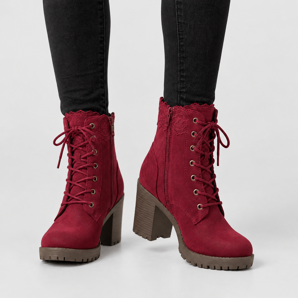 Women's Suede-Look Lace-Trim Ankle Boots with Block Heel in Red Wine — view 9