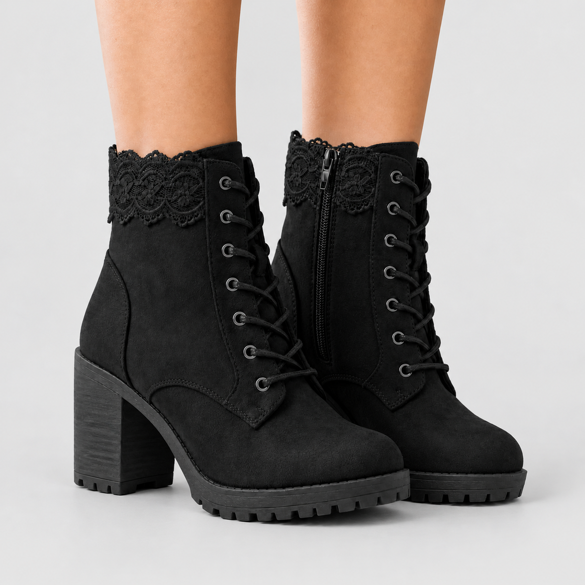 Women's Suede-Look Lace-Trim Ankle Boots with Block Heel in Black — view 10