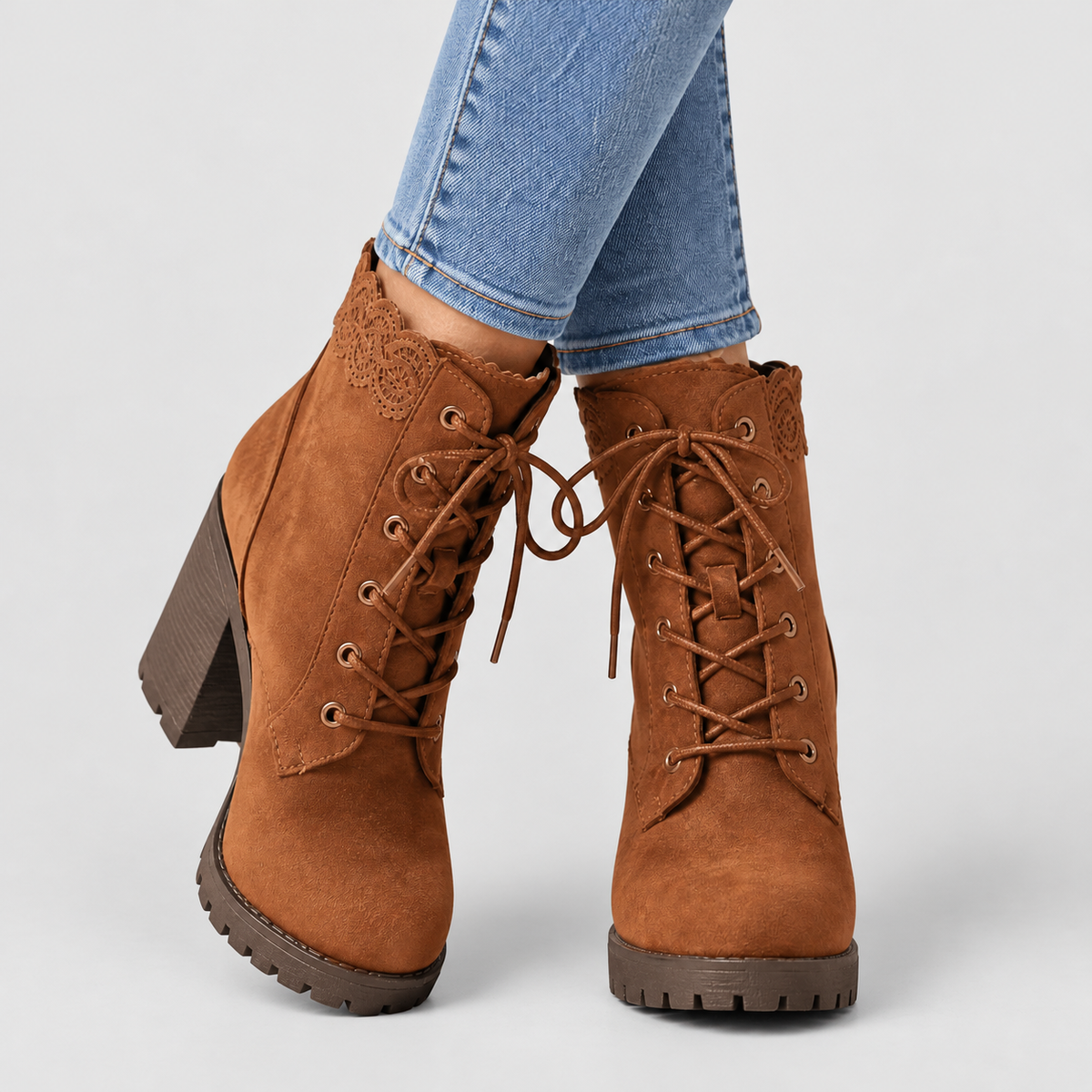 Women's Suede-Look Lace-Trim Ankle Boots with Block Heel in Caramel — view 11