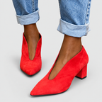 Women's Pointed-Toe Deep-Cut Block-Heel Court Shoes in Red — view 2