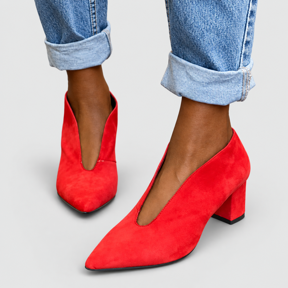 Women's Pointed-Toe Deep-Cut Block-Heel Court Shoes in Red — view 2