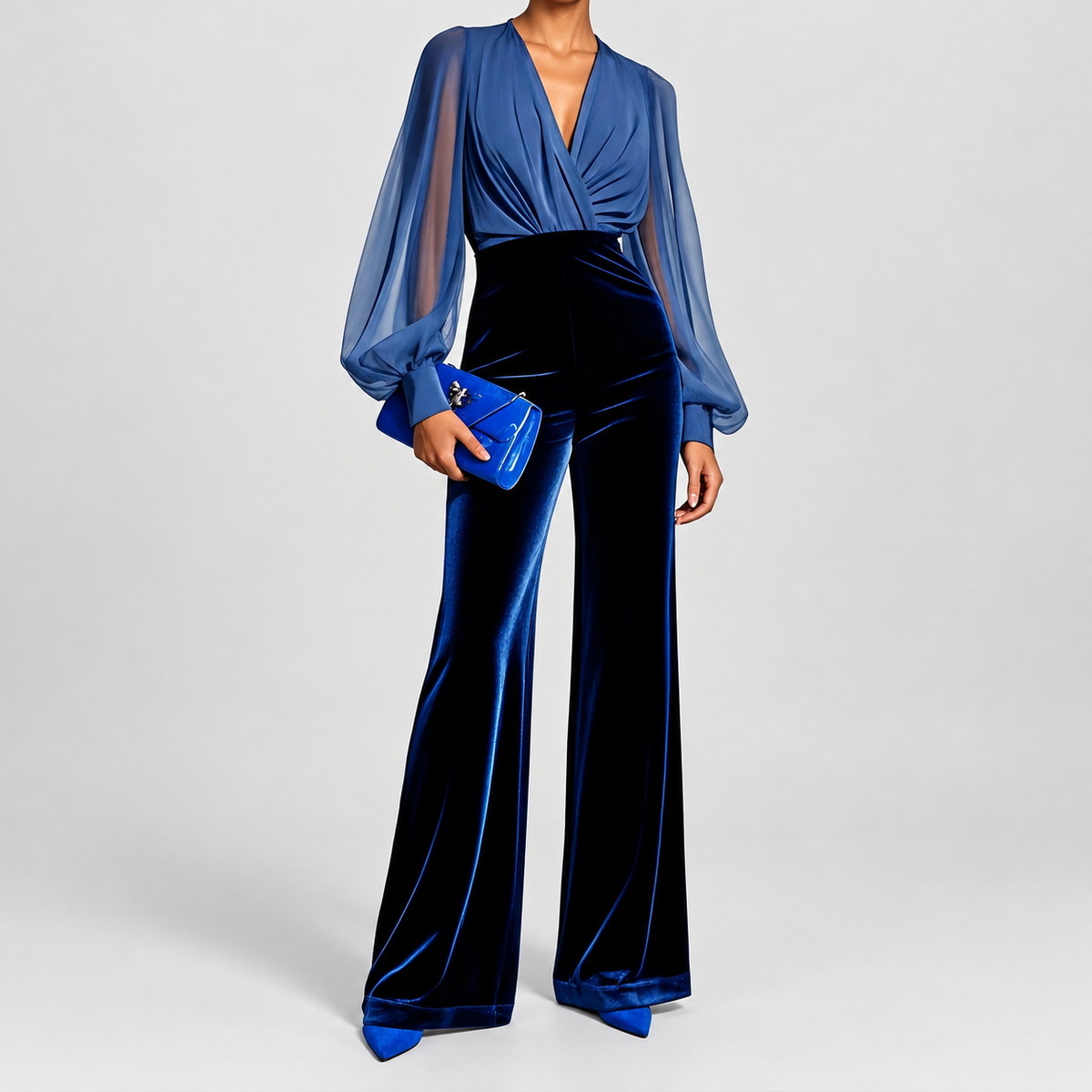 Women's Blue V-Neck Jumpsuit with Bishop Sleeves and Velvet Wide Legs in Blue — view 1