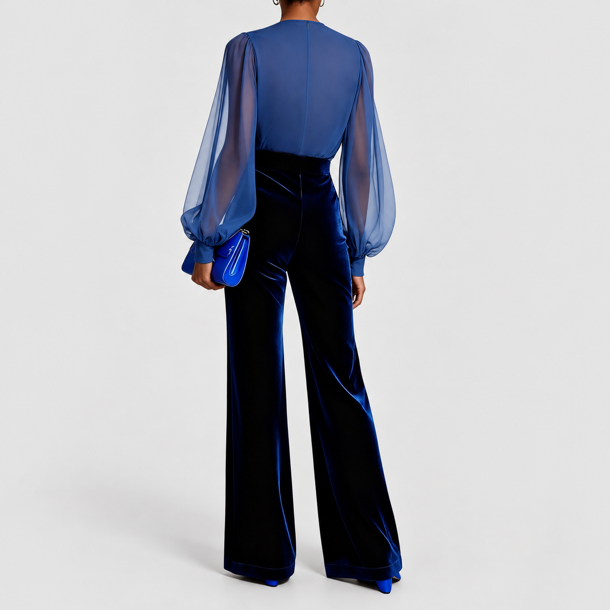 Women's Blue V-Neck Jumpsuit with Bishop Sleeves and Velvet Wide Legs — view 2