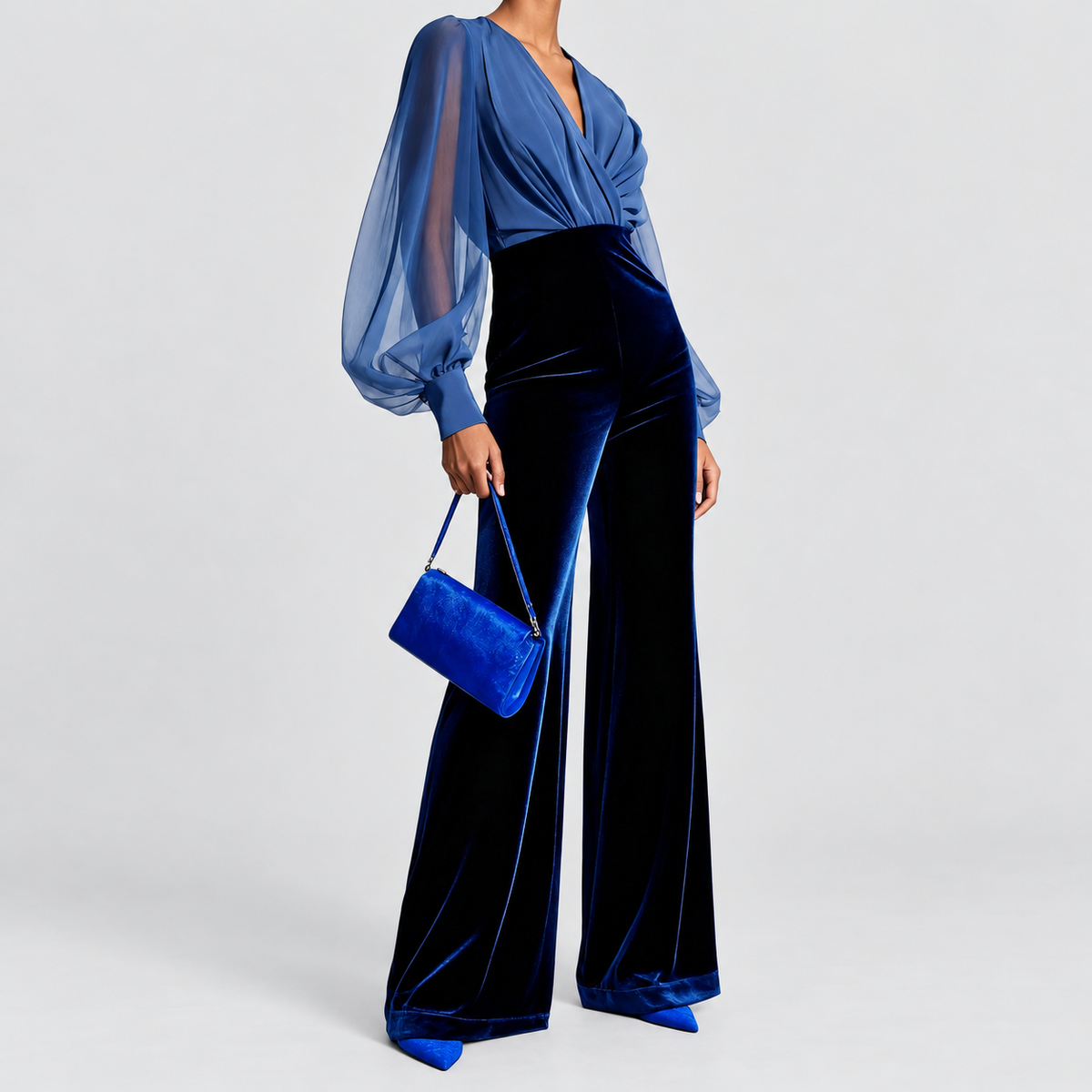 Women's Blue V-Neck Jumpsuit with Bishop Sleeves and Velvet Wide Legs — view 3