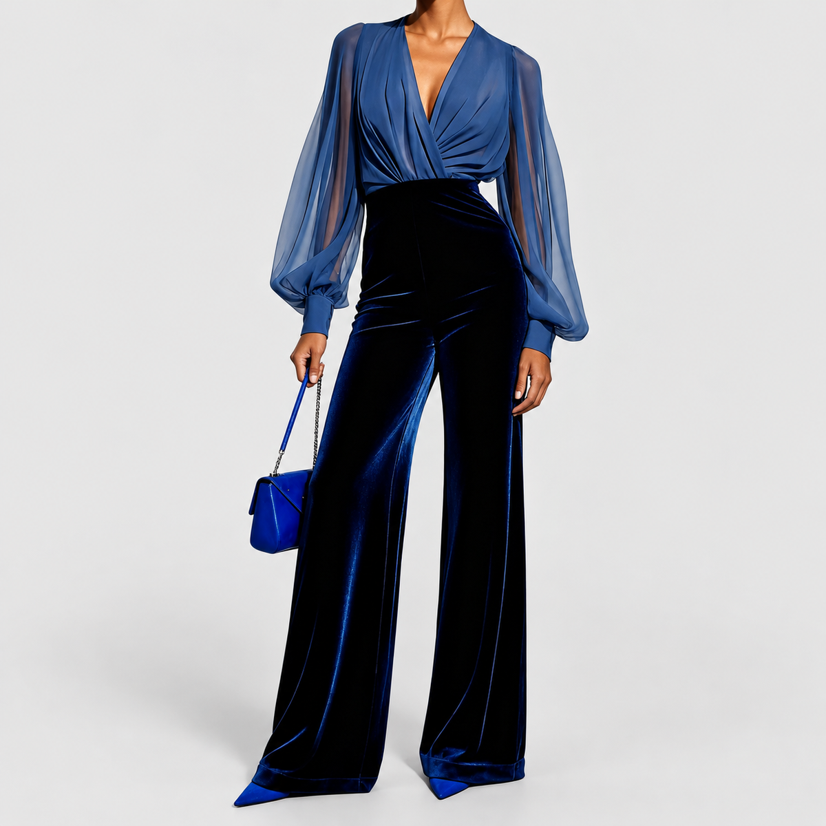 Women's Blue V-Neck Jumpsuit with Bishop Sleeves and Velvet Wide Legs — view 4