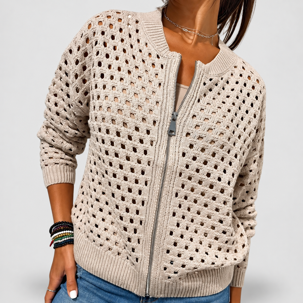 Women's Knitted Zip Cardigan in Beige — view 1