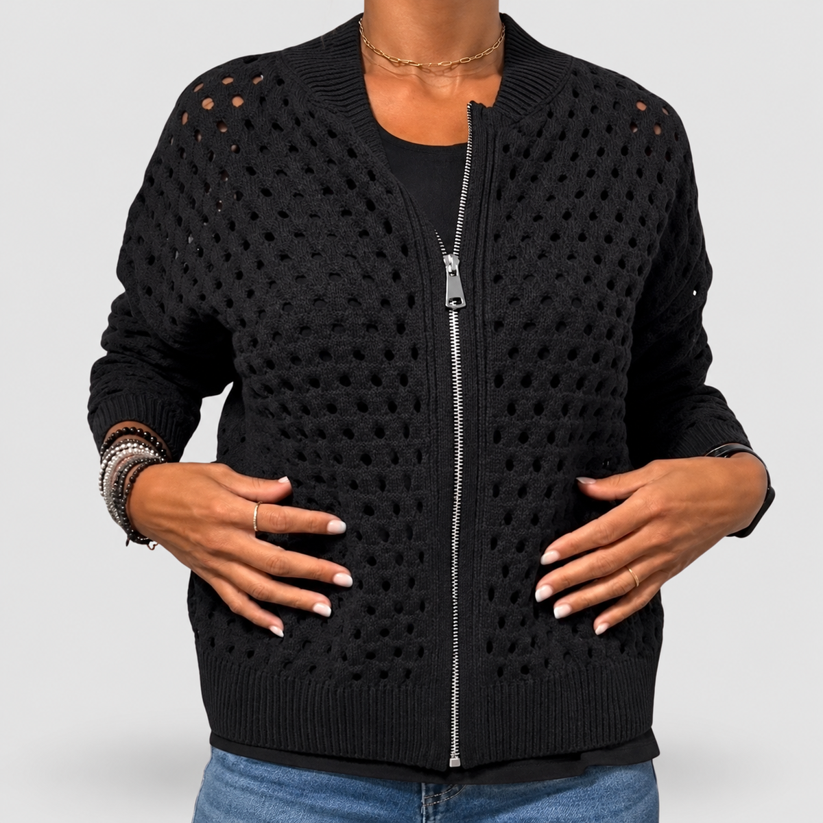 Women's Knitted Zip Cardigan in Black — view 2
