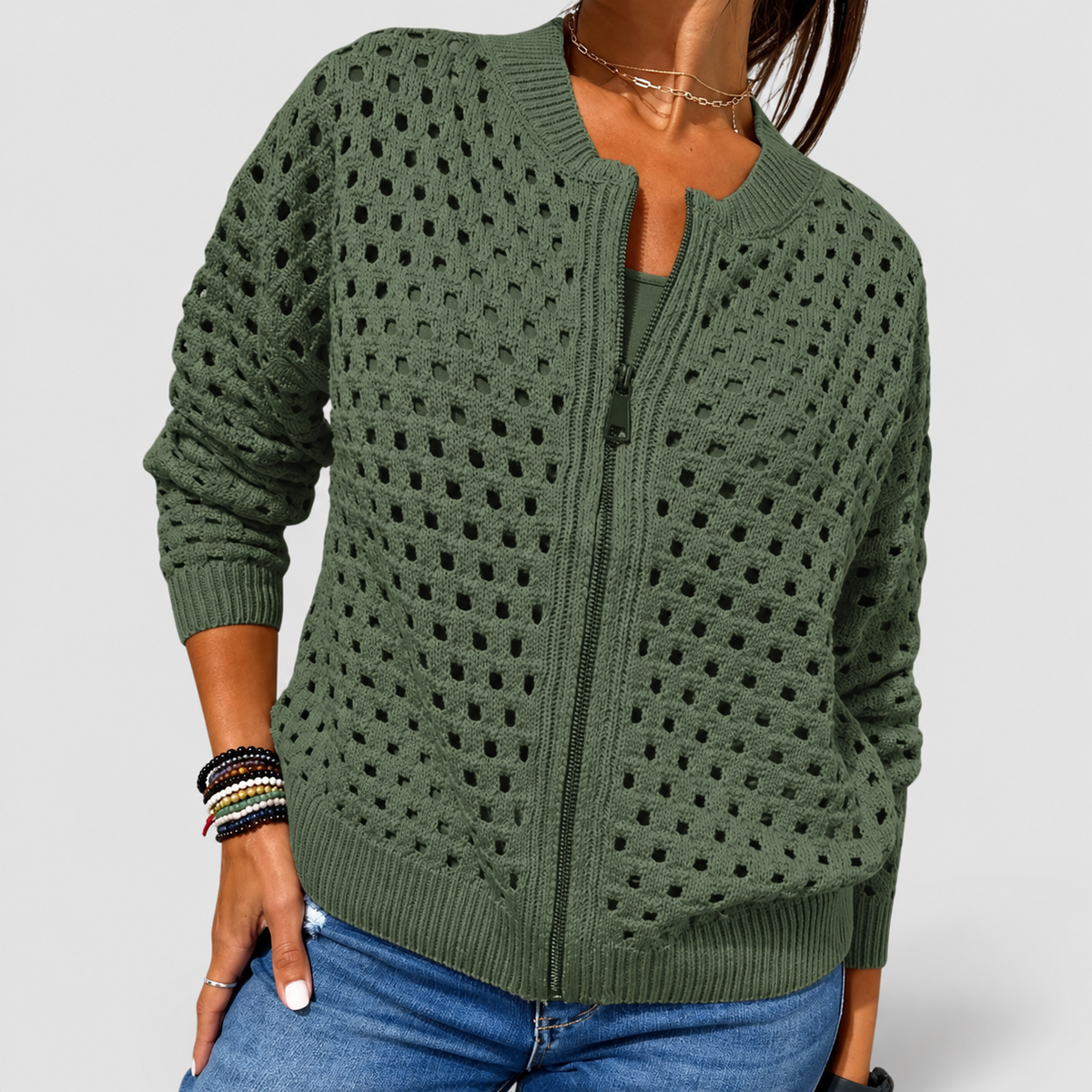 Women's Knitted Zip Cardigan in Green — view 3