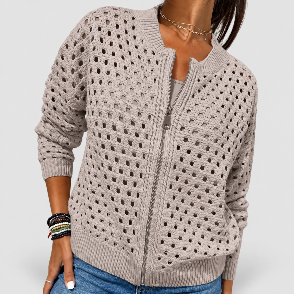 Women's Knitted Zip Cardigan in Khaki — view 4