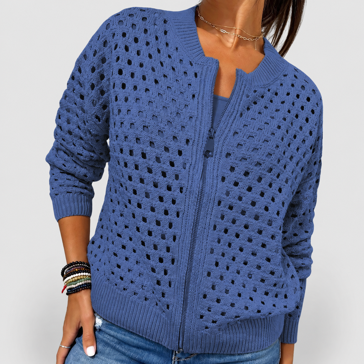 Women's Knitted Zip Cardigan in Blue — view 5