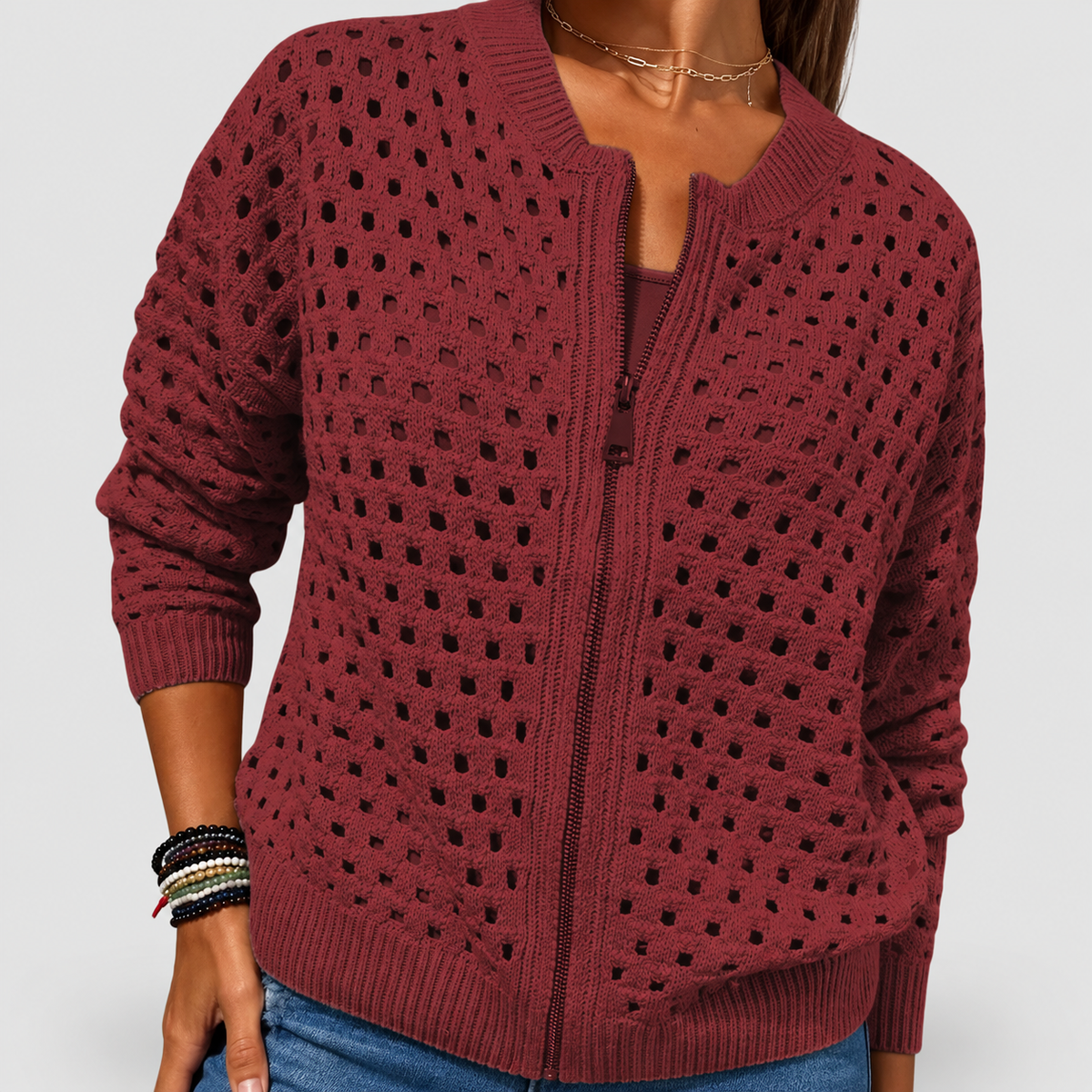 Women's Knitted Zip Cardigan in Burgundy — view 6