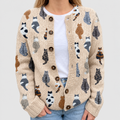Women's Cat-Print Knit Cardigan for Autumn and Winter in Beige — view 1