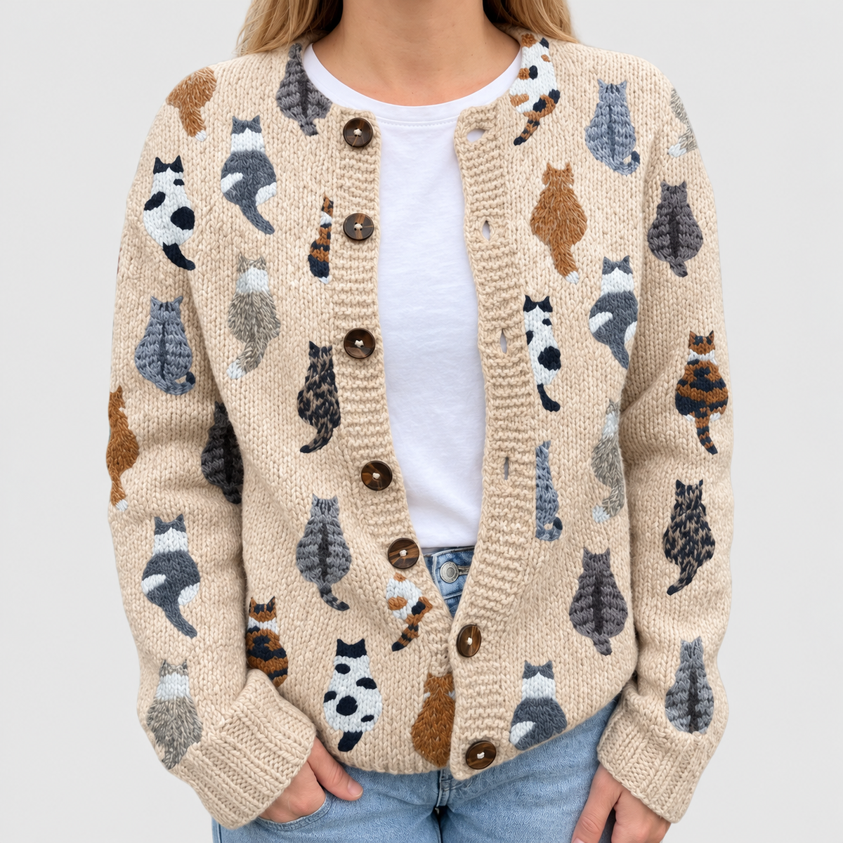 Women's Cat-Print Knit Cardigan for Autumn and Winter in Beige — view 1