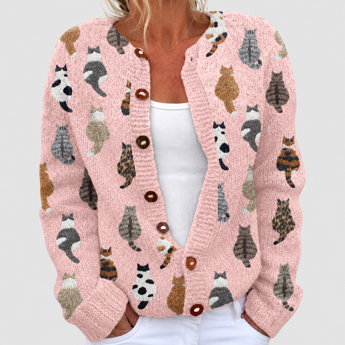 Women's Cat-Print Knit Cardigan for Autumn and Winter in Pink — view 2