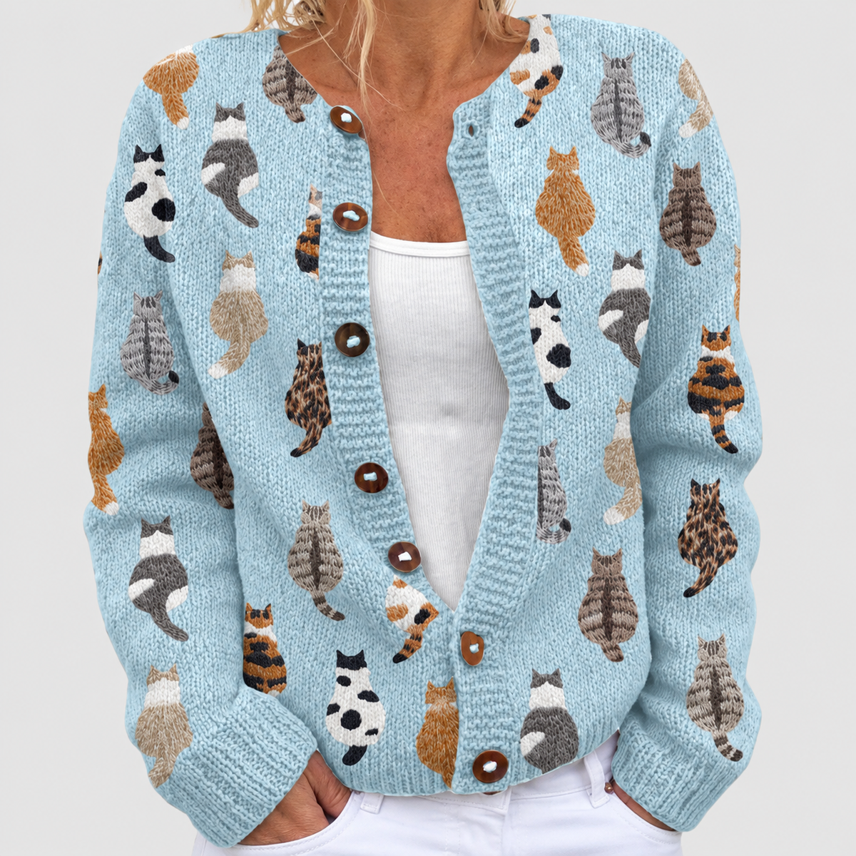 Women's Cat-Print Knit Cardigan for Autumn and Winter in Blue — view 3