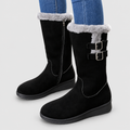 Women's Mid-Calf Winter Boots with Plush Cuff and Double Buckle in Black — view 1