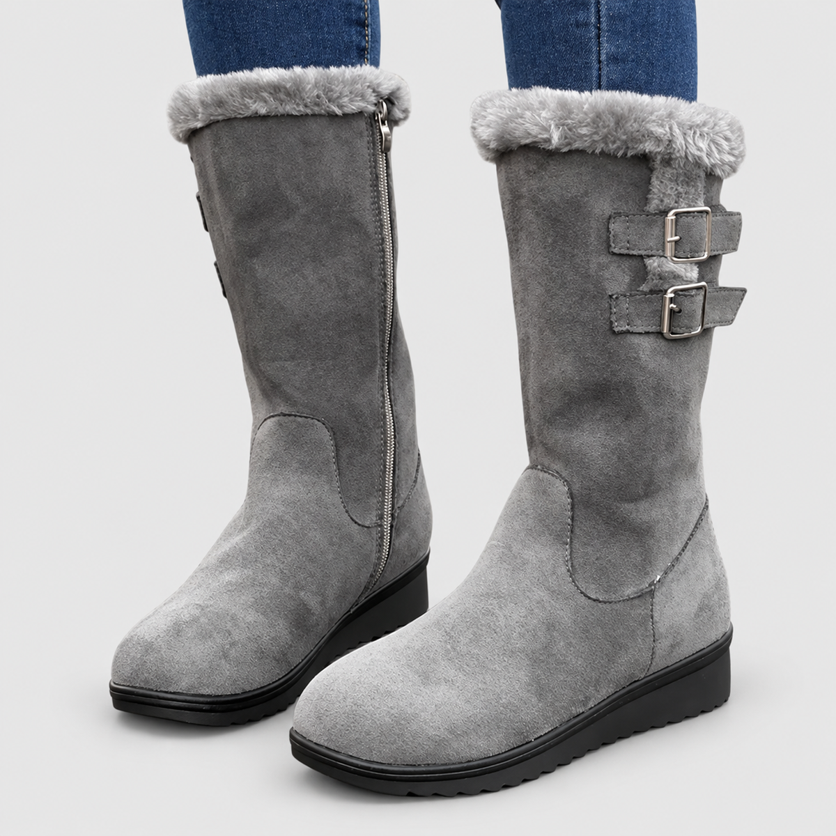Women's Mid-Calf Winter Boots with Plush Cuff and Double Buckle in Grey — view 2