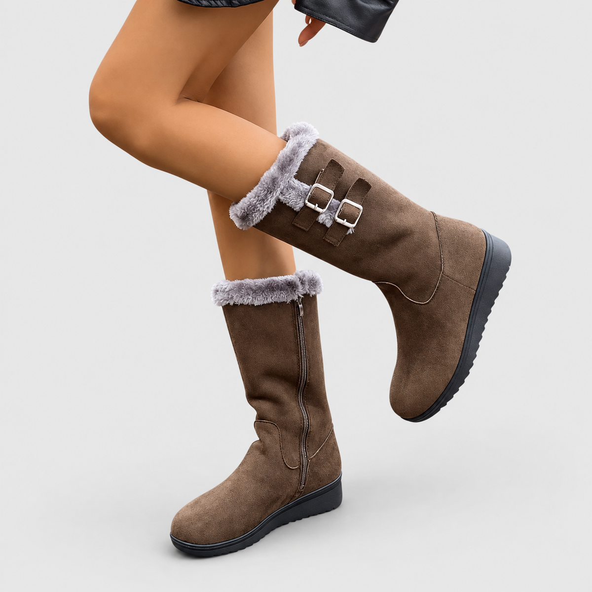 Women's Mid-Calf Winter Boots with Plush Cuff and Double Buckle in Coffee — view 3