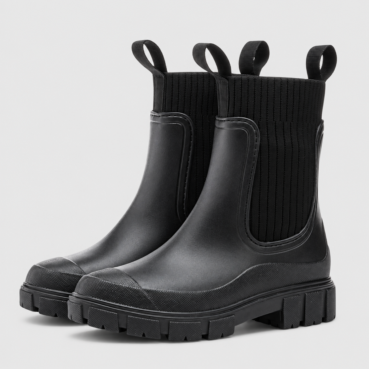 Women's Chunky Chelsea Rain Boots with Knit Collar in Black — view 3