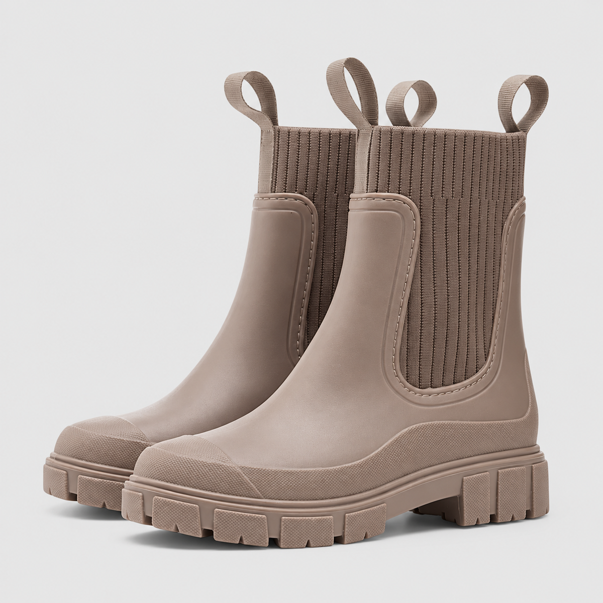 Women's Chunky Chelsea Rain Boots with Knit Collar in Taupe — view 9