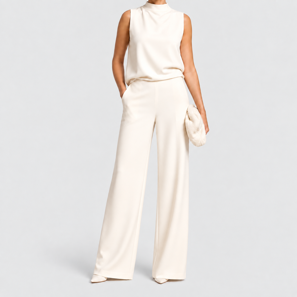 Women's Sleeveless High-Neck Wide-Leg Jumpsuit with Relaxed Fit in White — view 2
