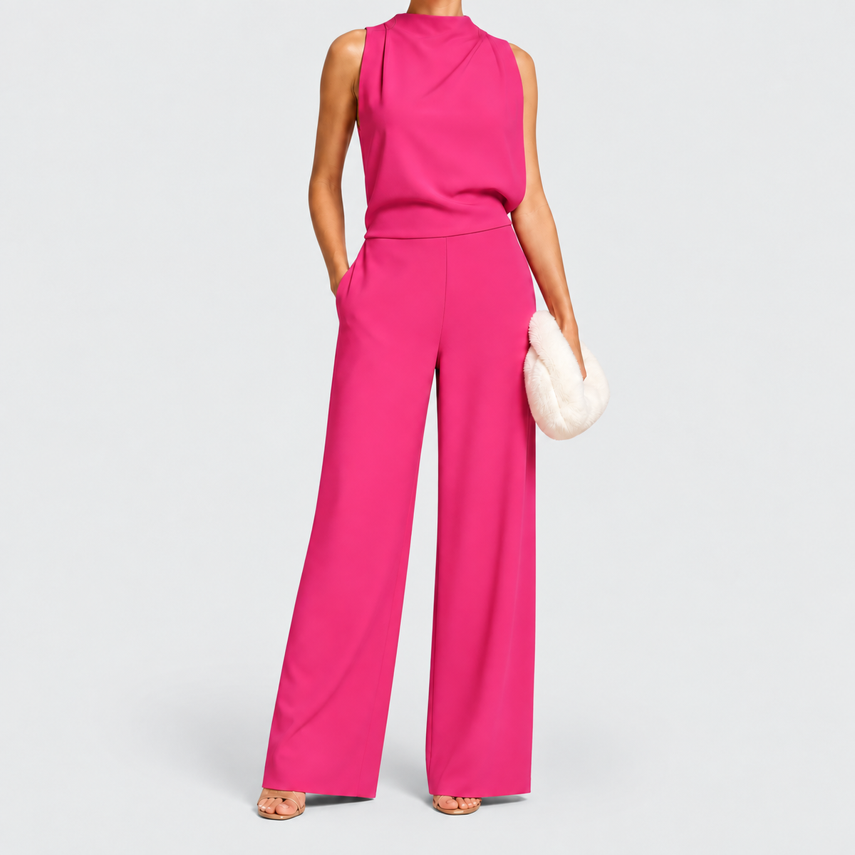 Women's Sleeveless High-Neck Wide-Leg Jumpsuit with Relaxed Fit in Pink — view 4