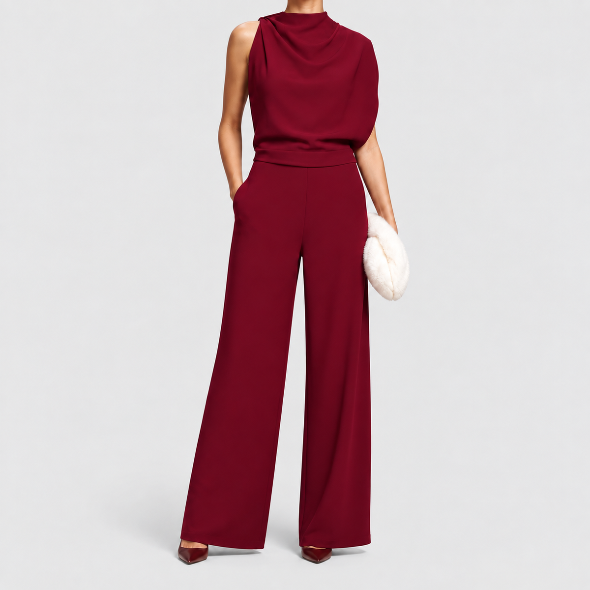 Women's Sleeveless High-Neck Wide-Leg Jumpsuit with Relaxed Fit in Red — view 7