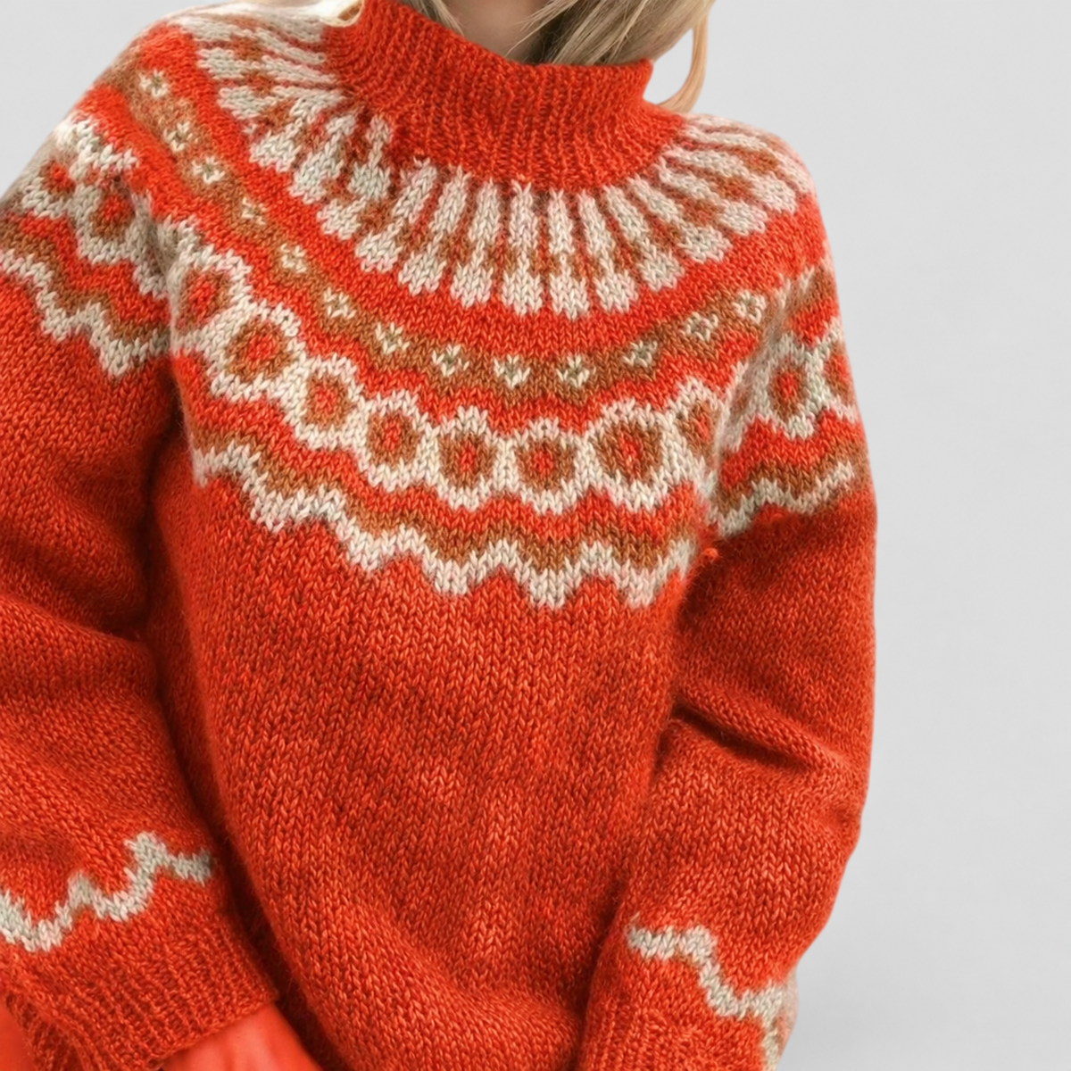Women's Patterned Knit Jumper with Ribbed Neckline in Orange — view 1