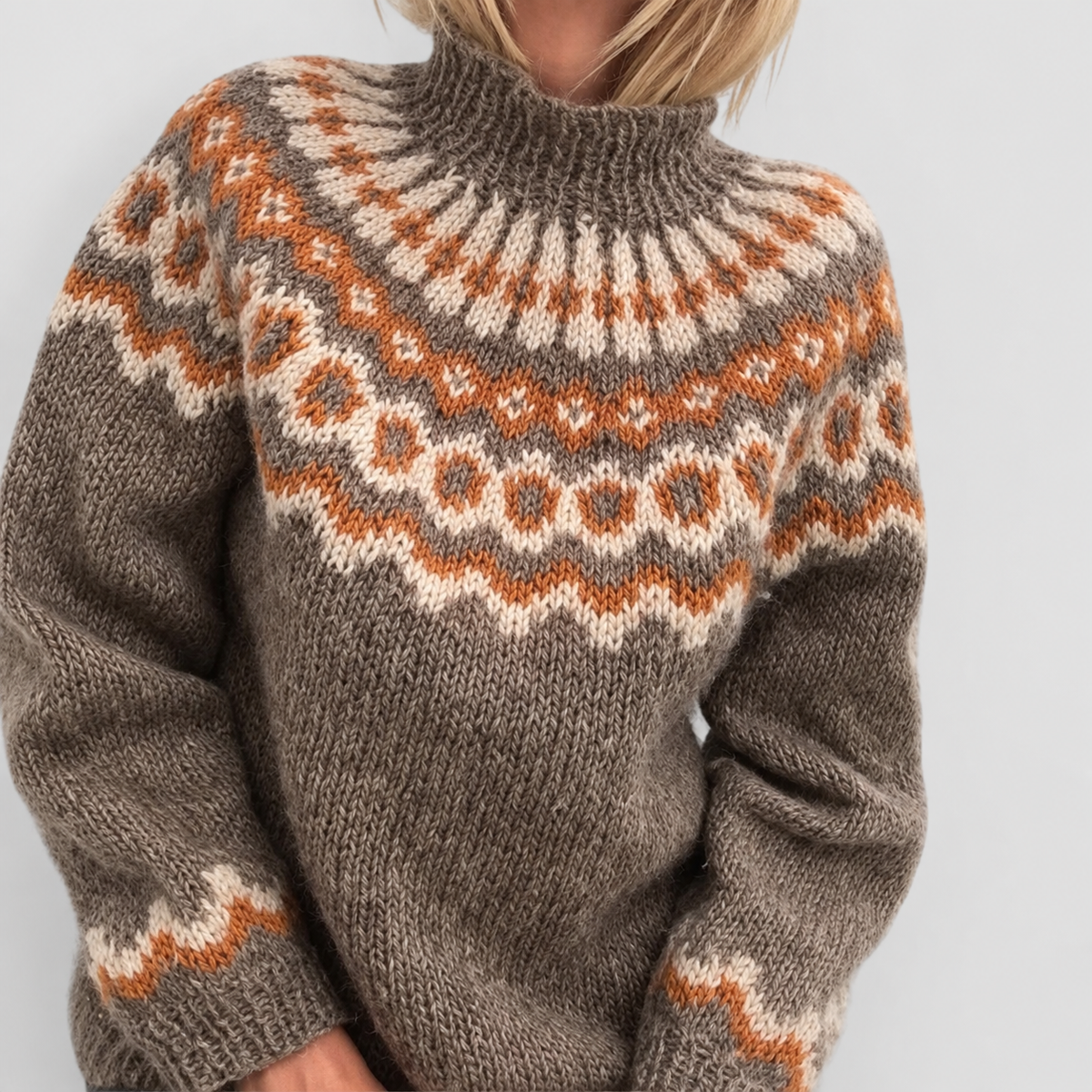 Women's Patterned Knit Jumper with Ribbed Neckline in Brown — view 2
