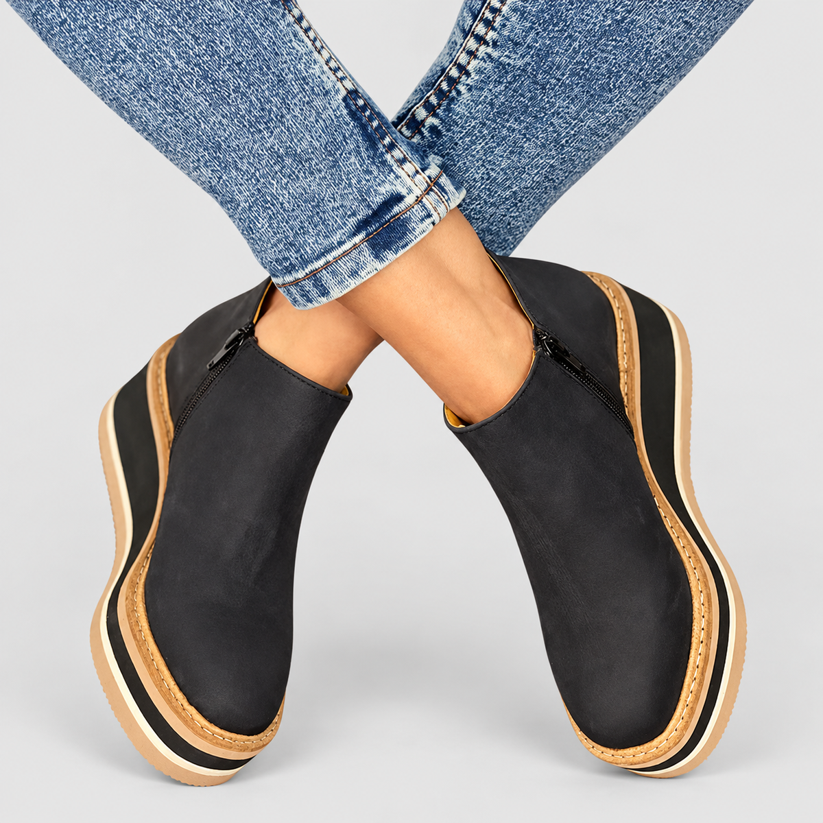 Women's Zip-Up Wedge Ankle Boots in Black — view 8