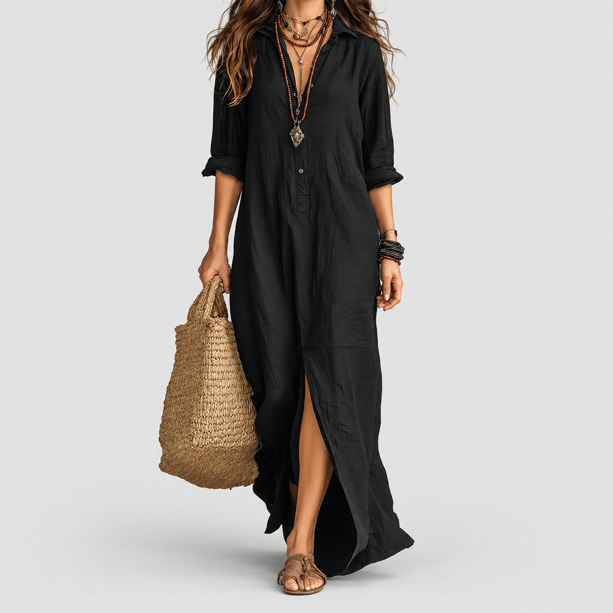 Women's Collared Long-Sleeve Maxi Shirt Dress in Black — view 1