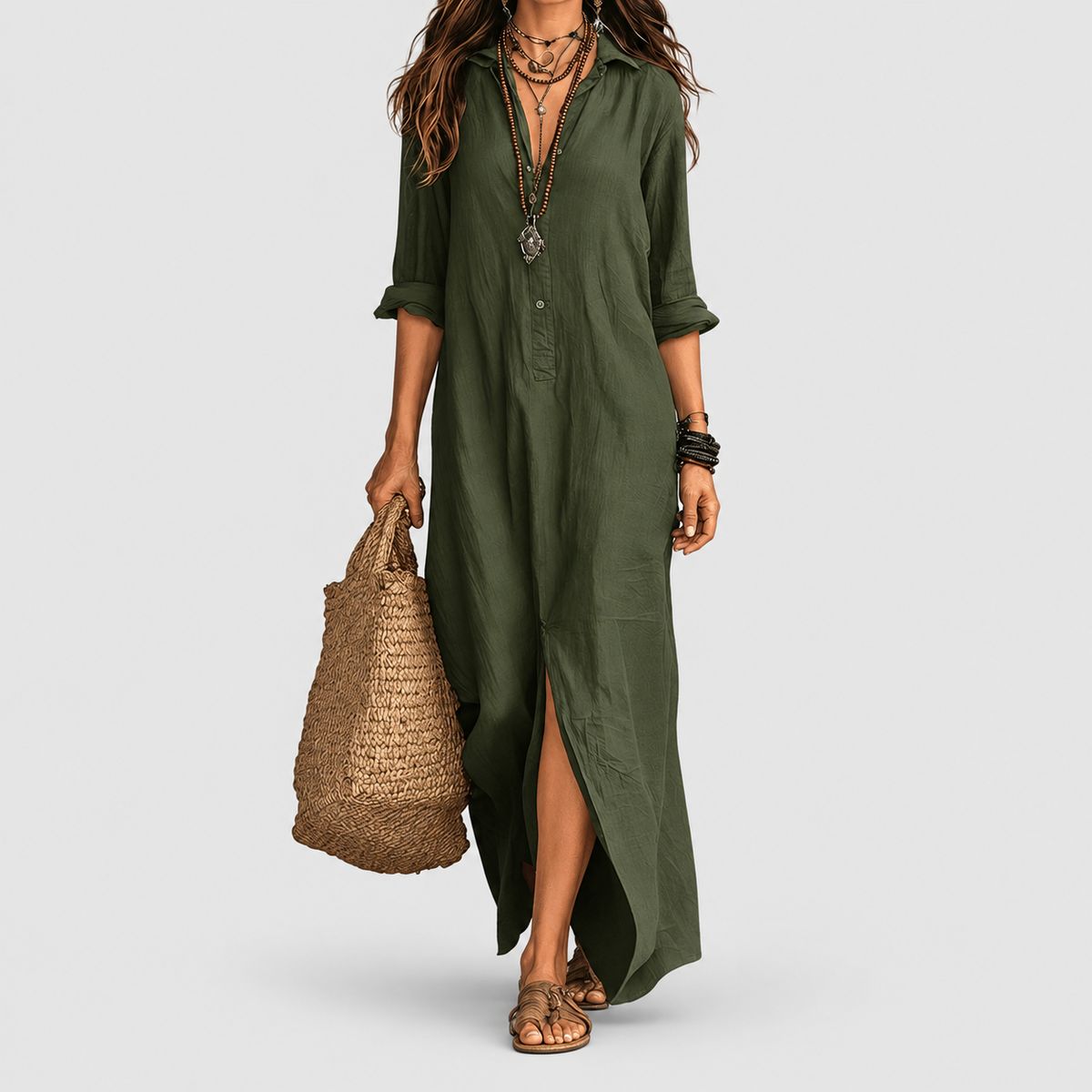 Women's Collared Long-Sleeve Maxi Shirt Dress in Green — view 7
